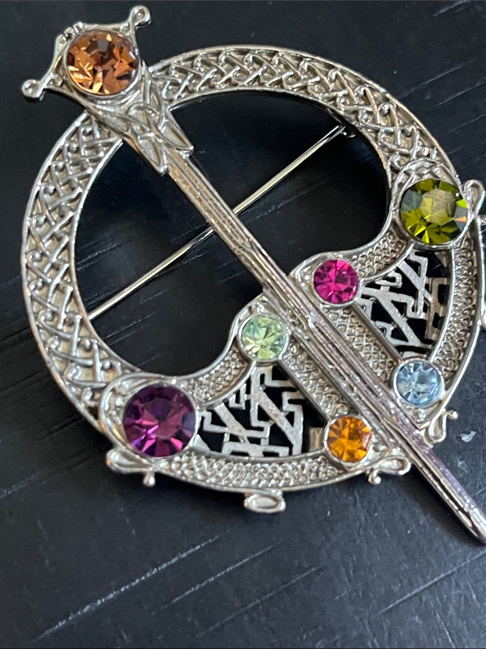 Silver Celtic Circle Brooch with Multicolor Crystals - Picture 3 of 4